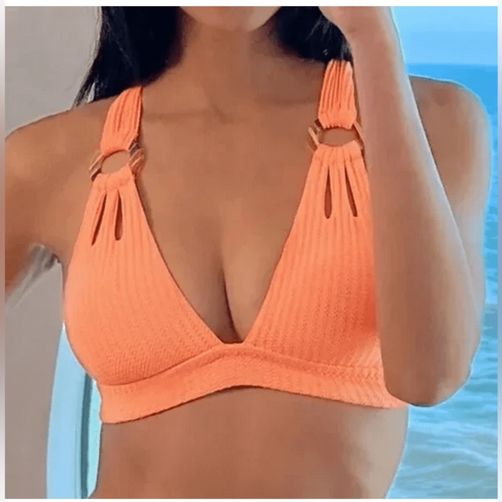 Becca Line in The Sand Elise Textured Rib Halter Bikini Top D-Cup NWT